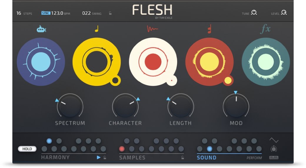 FLESHの画面。上に5つの色付きの丸、中ほどにSpectrum、Character、Length、Modのつまみ、下にHarmony、Samples、Soundの設定が並ぶ