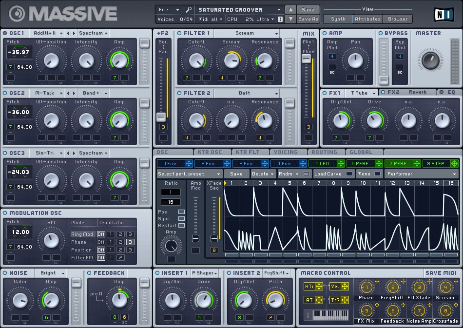 Massiveの画面。OSC、Filter、Amp、FX、Master、下にModulation OscillatorとMacro Controlが並ぶ