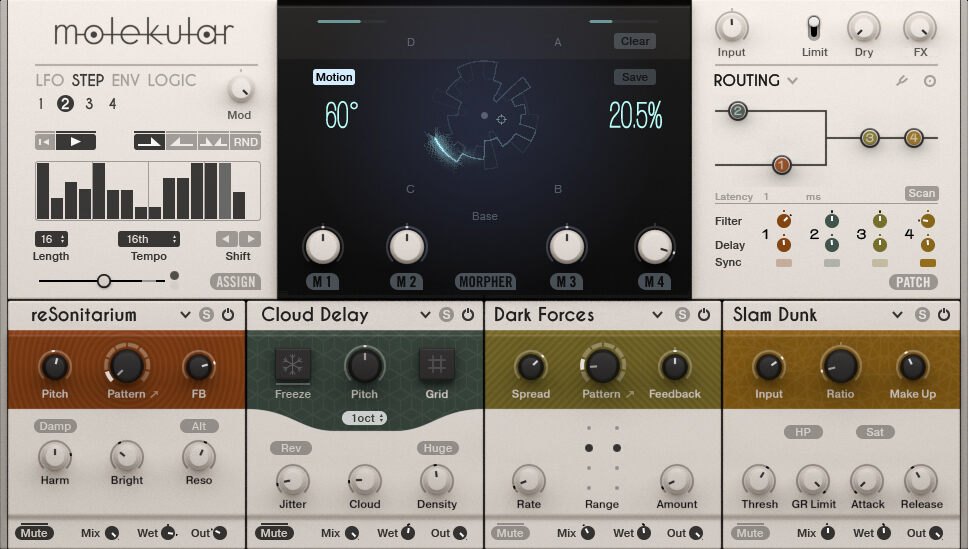 MOLEKULARの画面。上にシーケンサー、Morpher、Routing、下にreSonitarium、Cloud Delay、Dark Forces、Slam Dunkの4つのエフェクトが並ぶ