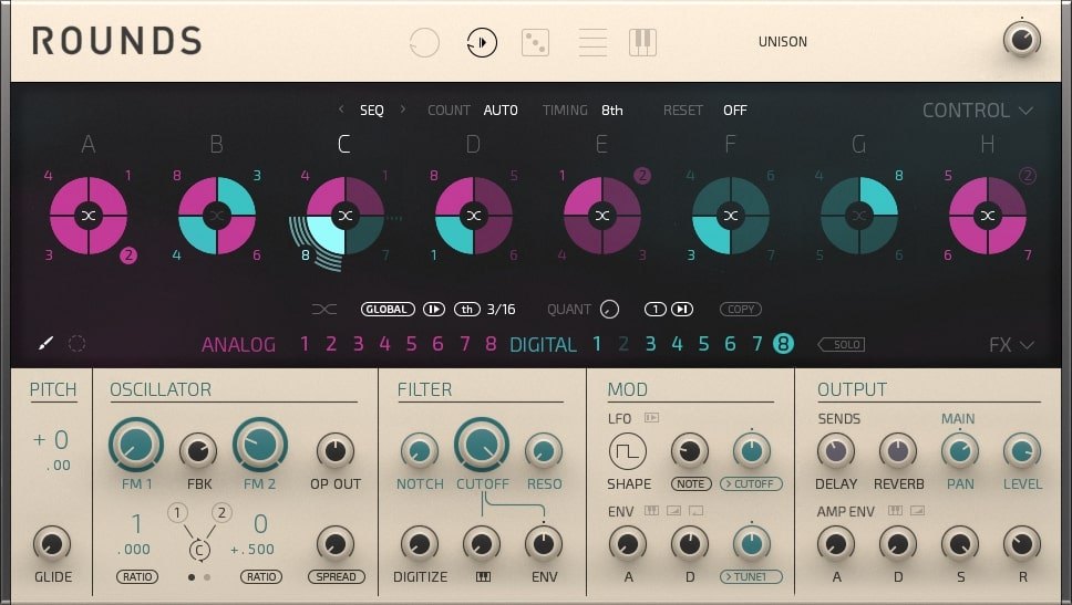 ROUNDSの画面。上にAからHの8つの丸いシーケンス、下にPitch、Oscillator、Filter、Mod、Outputの設定が並ぶ
