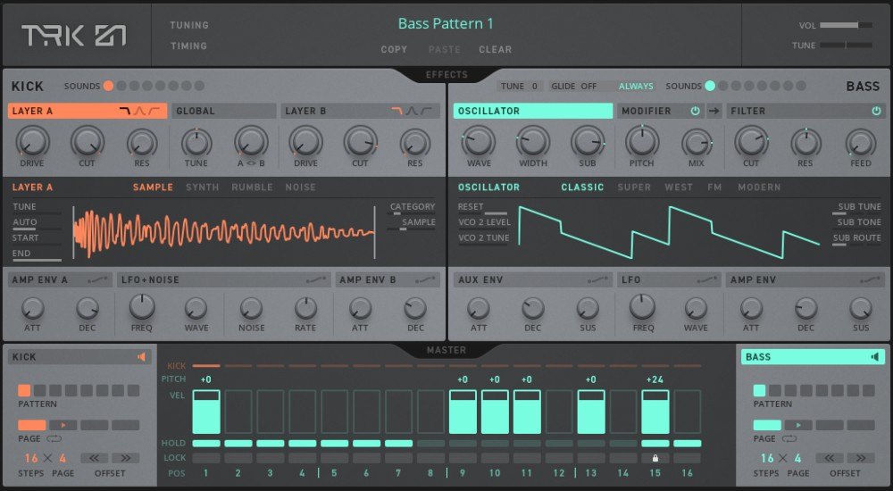 TRK-01の画面。左にKickのLayer AとLayer B、右にBassのOscillator、Modifier、Filter、下に16ステップのシーケンサーが並ぶ