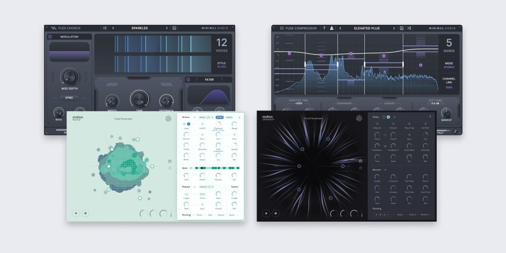 バンドルに入る4つのプラグインの画面が、重なって並んでいる。Flex Chorus、Fuse Compressor、Motion: Dimension、Motion: Fractal