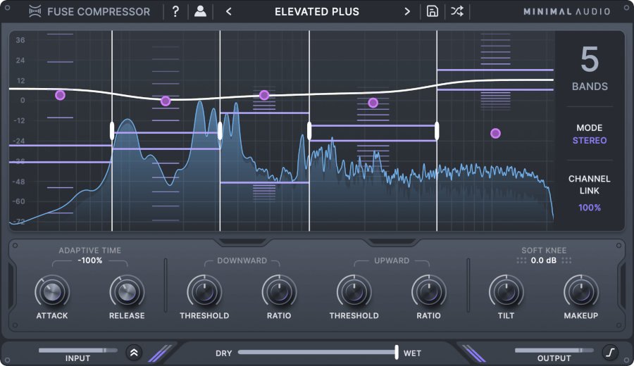 Fuse Compressorの画面。中央にスペクトラムと5つのバンド、下にAttack、Release、Threshold、Ratio、Tilt、Makeupのつまみが並ぶ
