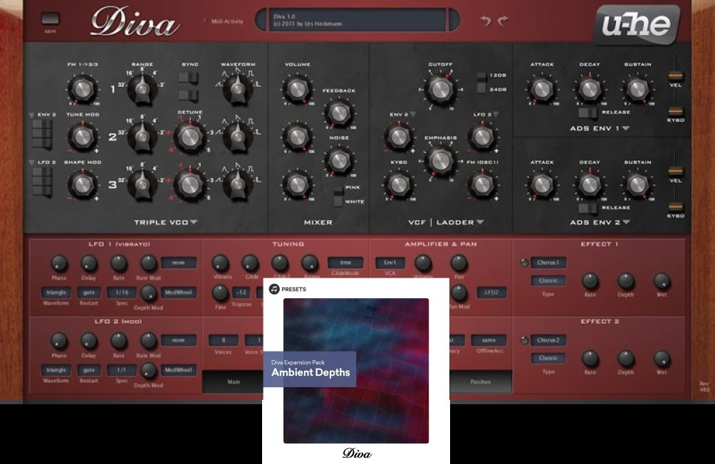 Divaの画面。上にTriple VCO、Mixer、VCF Ladder、ADS ENVの操作部、下にLFO、Tuning、Effectが並び、右下に「Diva Expansion Pack Ambient Depths」のカードが重なっている