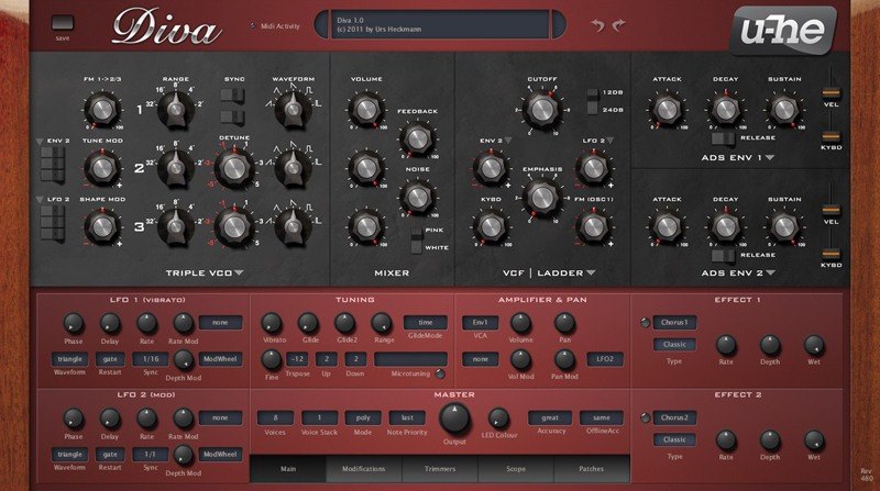 Divaの画面。上にTriple VCO、Mixer、VCF Ladder、ADS ENV 1・2、下にLFO 1・2、Tuning、Amplifier & Pan、Effect 1・2が並ぶ