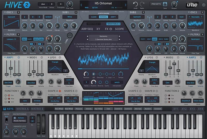 Hive 2の画面。中央の六角形に波形、周りにOSC、SUB、FILTER、AMP、MOD、LFO、SHAPE、FUNCTIONの操作部、下に鍵盤が並ぶ