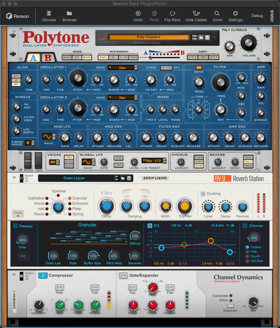 Reason Rackの画面。上にPolytoneのシンセ、中ほどにRV-9 Reverb Station、下にChannel Dynamicsが縦に並んでいる