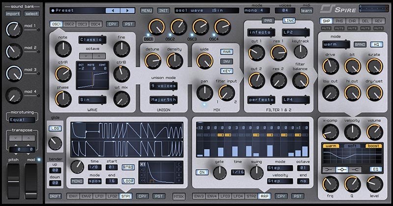 Spireの画面（明るい灰色に黒のふち）。OSC1〜OSC4、Unison、Filter 1 & 2、エフェクトが並ぶ