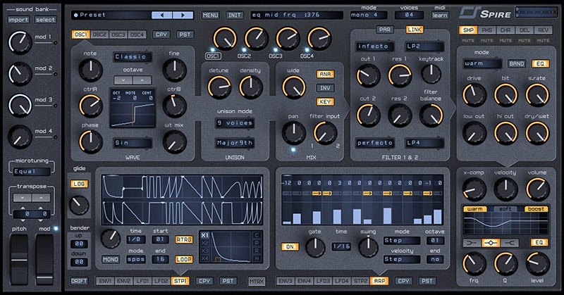 Spireの画面（青みのある灰色）。OSC1〜OSC4、Unison、Filter 1 & 2、エフェクトが並ぶ