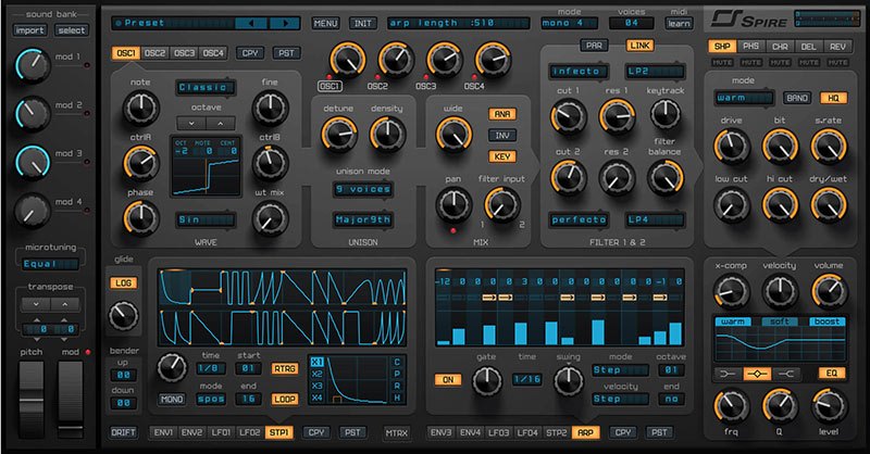 Spireの画面（暗い灰色）。OSC1〜OSC4、Unison、Filter 1 & 2、エフェクトが並ぶ