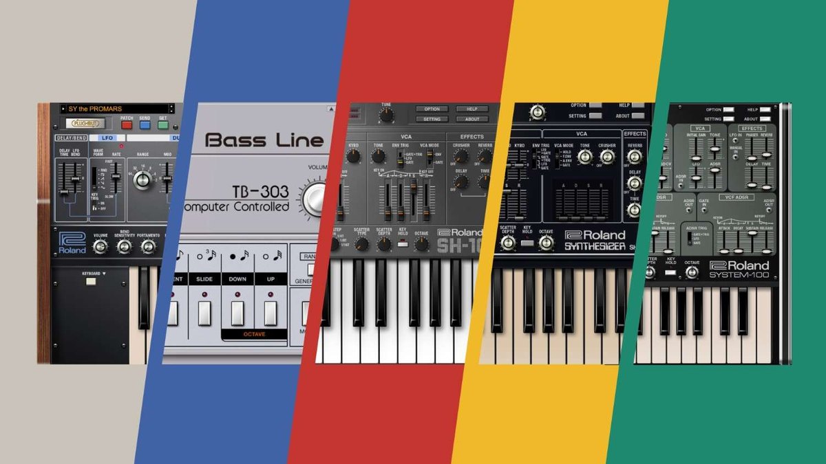 Analog Monosynth Collectionの5機種(SH-101、SYSTEM-100、SH-2、TB-303、PROMARS)の画面が、色分けされた帯の上に並んでいる