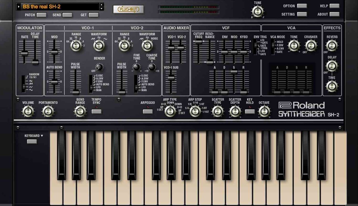 SH-2の画面。VCO-1、VCO-2、AUDIO MIXER、VCF、VCA、EFFECTSの操作部と鍵盤が表示されている