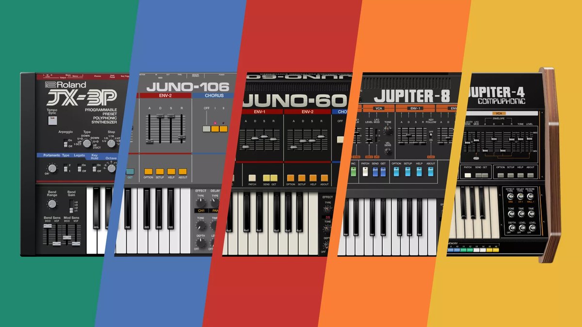 Analog Polysynth Collectionの5機種(JX-3P、JUNO-106、JUNO-60、JUPITER-8、JUPITER-4)の画面が、色分けされた帯の上に並んでいる