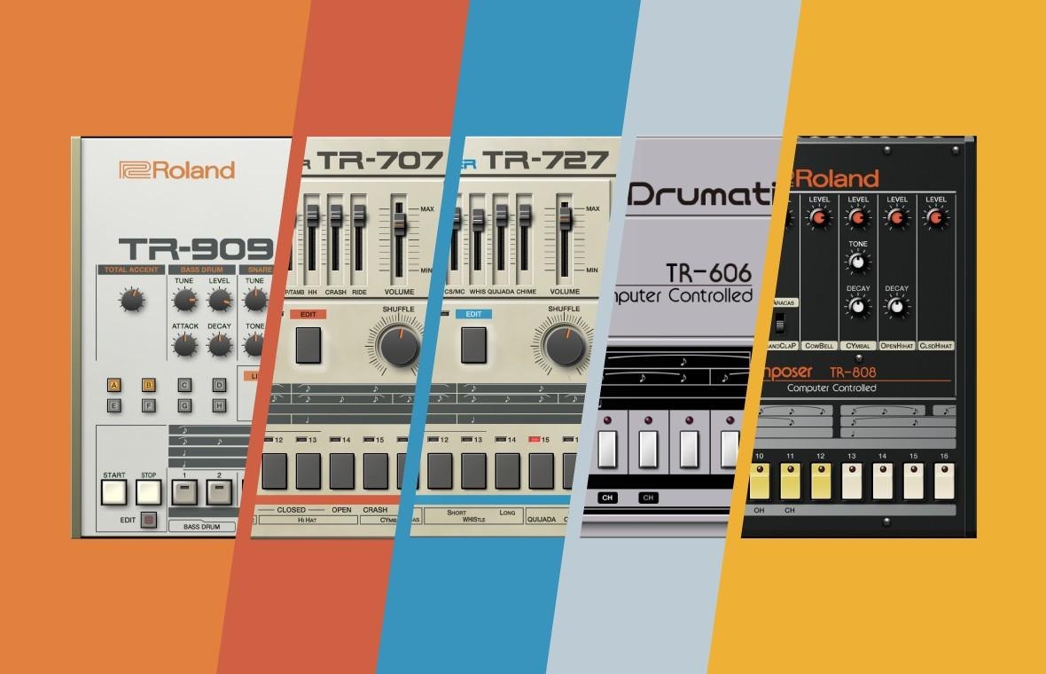 Drum Machine Collectionの5機種（TR-909、TR-707、TR-727、TR-606、TR-808）の画面が、色分けされた帯の上に並んでいる