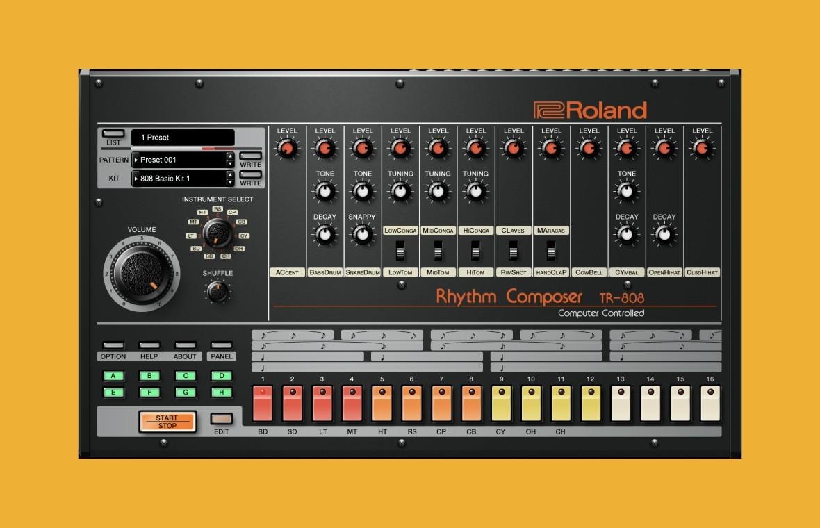 TR-808の画面。上にKick、Snareなどのつまみ、下に1〜16のステップボタンが並ぶ