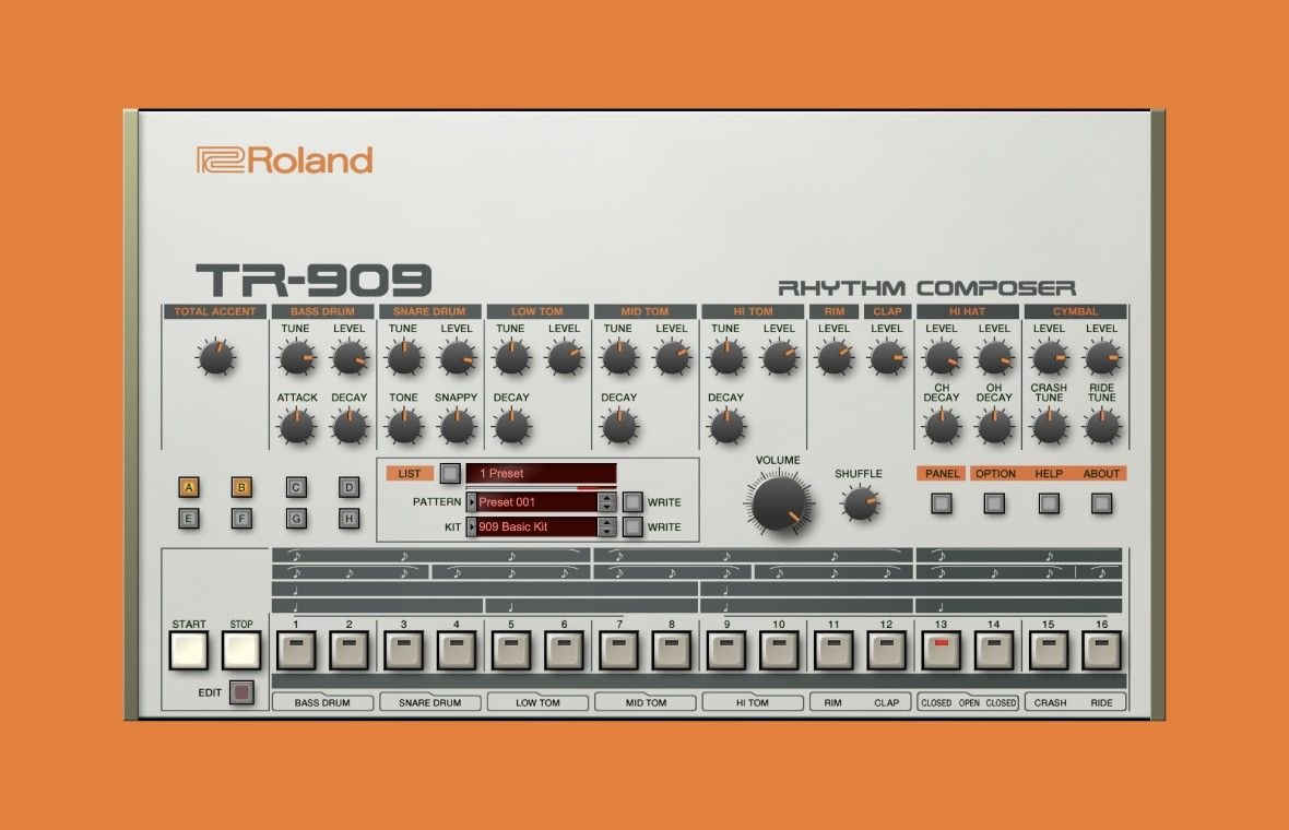TR-909の画面。上に各楽器のつまみ、中央にプリセット表示、下に1〜16のステップボタンが並ぶ