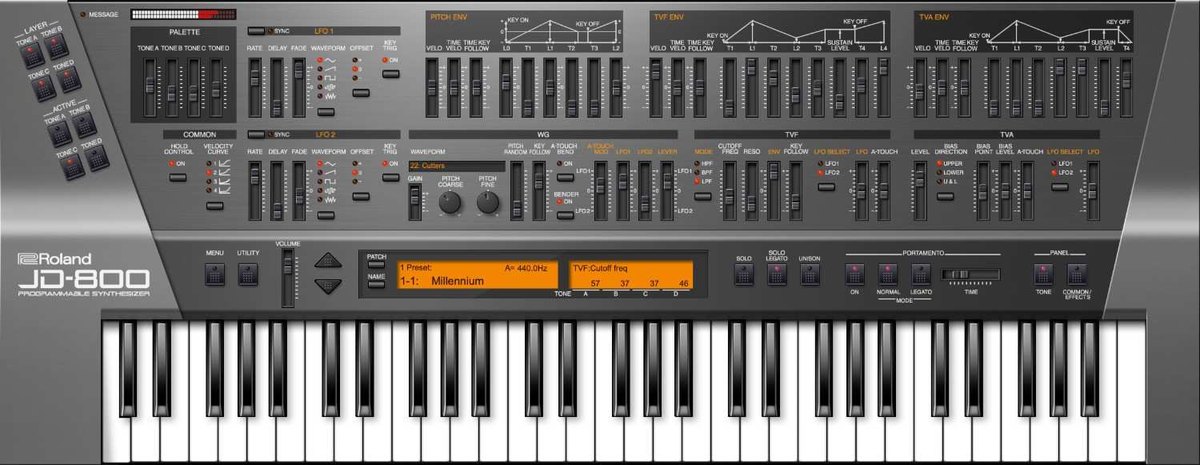 JD-800の画面。上にLFO、WG、TVF、TVAなどの操作部、下に鍵盤があり、プリセット名「Millennium」が表示されている