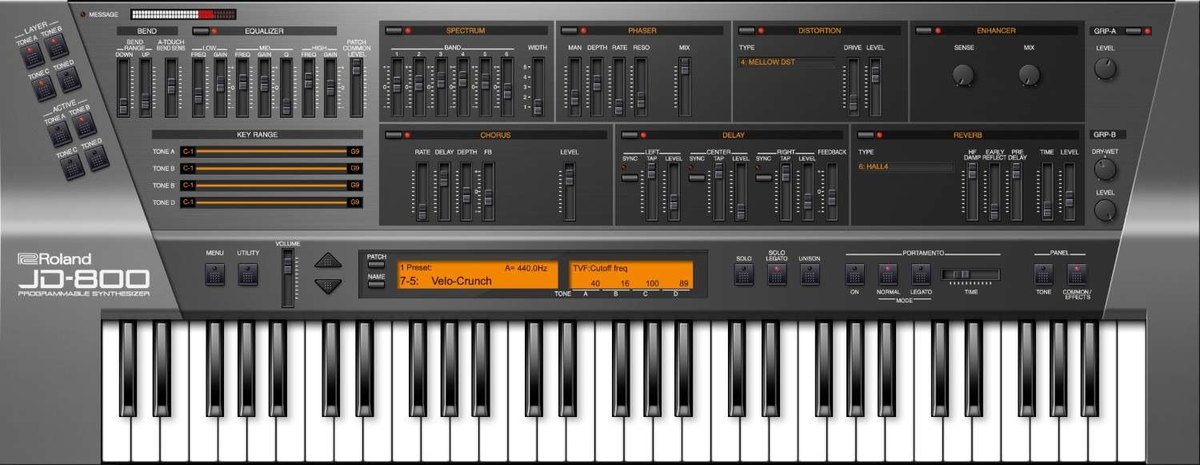 JD-800の画面。プリセット「Velo-Crunch」を選び、エフェクト部と鍵盤が表示されている