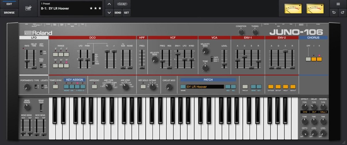 JUNO-106の画面。上にLFO、DCO、HPF、VCF、VCA、ENV-1、ENV-2、Chorusの操作部、下に鍵盤が並ぶ