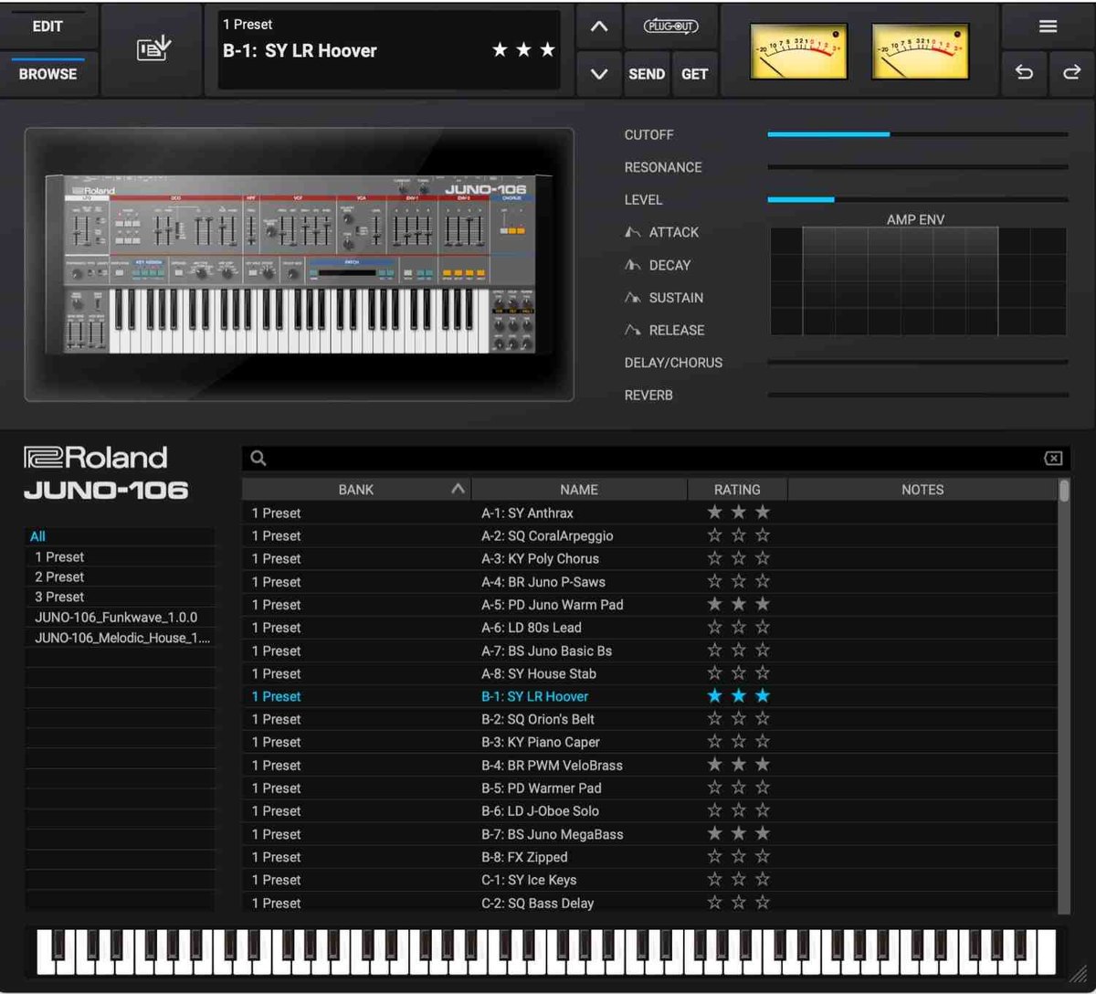 JUNO-106のプリセットの画面。中央に本体の絵、右にCutoff、Resonance、Levelなどの数値、下にプリセット名の一覧が並ぶ