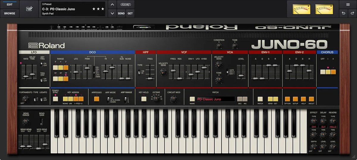 JUNO-60の画面。上にLFO、DCO、HPF、VCF、VCA、ENV-1、ENV-2、Chorusの操作部、下に鍵盤が並ぶ