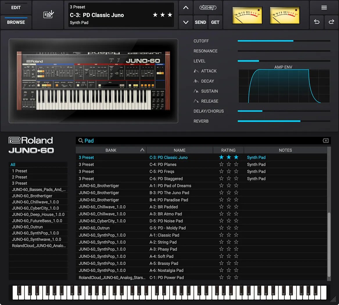 JUNO-60のプリセットの画面。「Pad」で絞り込まれ、「PD Classic Juno」などのプリセット名の一覧が表示されている