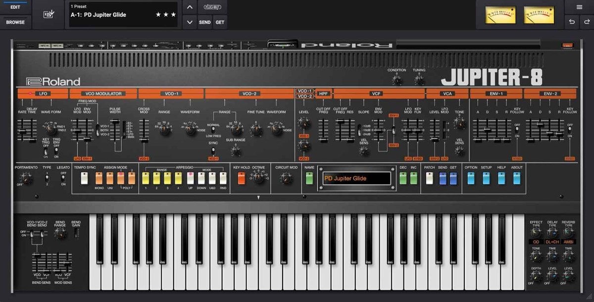 JUPITER-8の画面。上にLFO、VCO Modulator、VCO-1、VCO-2、HPF、VCF、VCA、ENV-1、ENV-2、中ほどにアルペジオとパッチ、下に鍵盤が並ぶ
