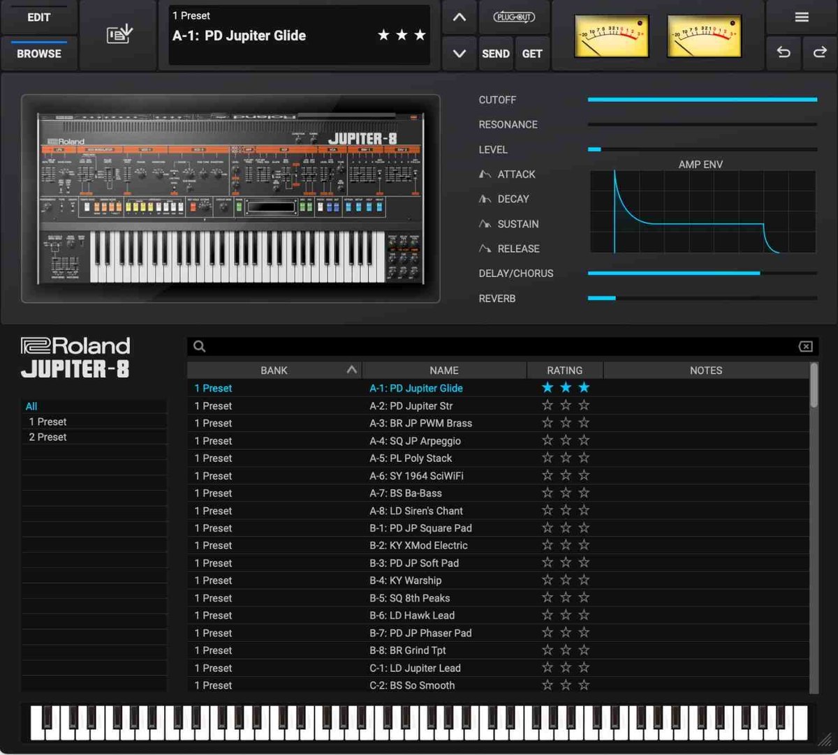 JUPITER-8のプリセットの画面。中央に本体の絵、右にCutoffなどの数値、下に「PD Jupiter Glide」などのプリセット名の一覧が並ぶ