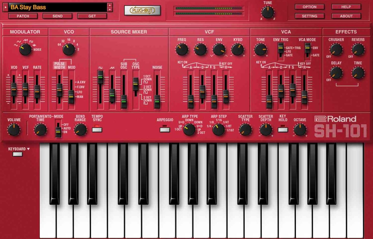 SH-101の画面（赤いパネル）。VCO、Source Mixer、VCF、VCA、Effectsと鍵盤が並ぶ