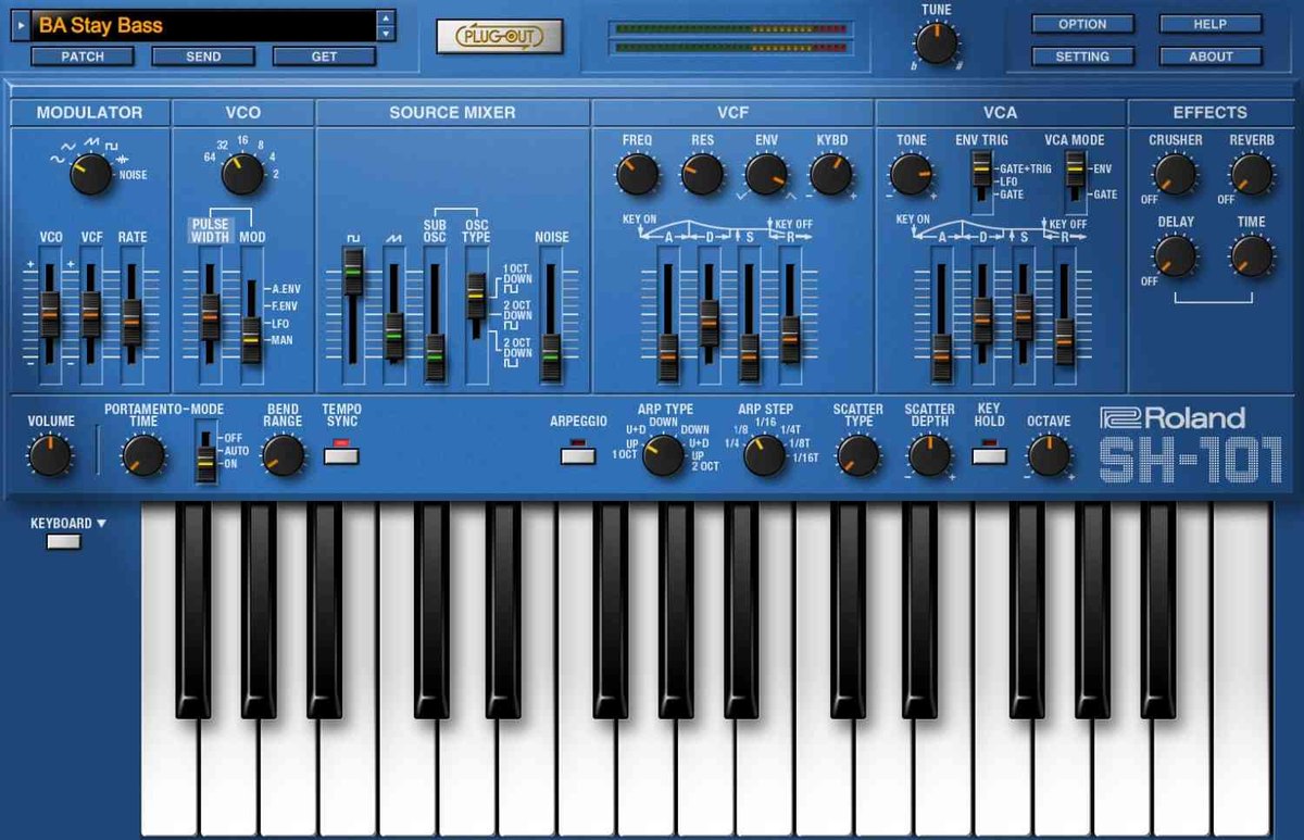 SH-101の画面（青いパネル）。VCO、Source Mixer、VCF、VCA、Effectsと鍵盤が並ぶ