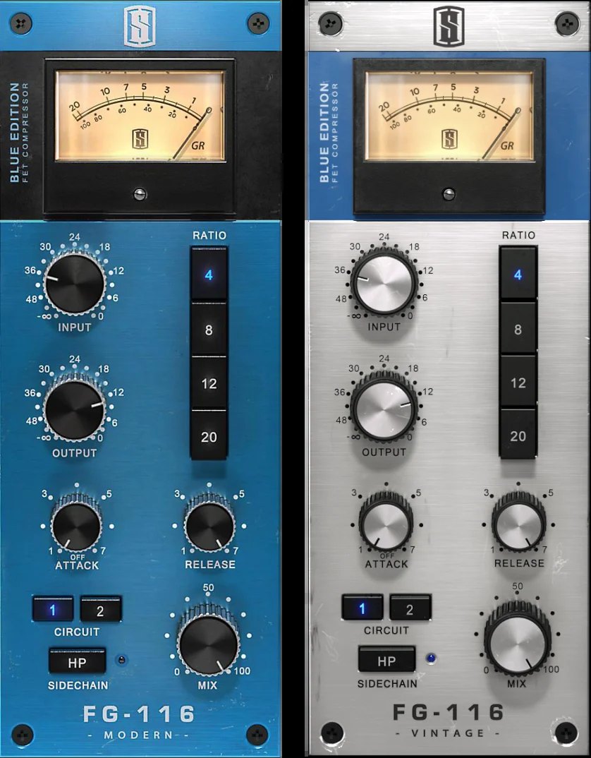 FG-116の2つの版（左がMODERN、右がVINTAGE）の画面が並んでいる。それぞれにメーター、Input、Output、Ratio、Attack、Release、Circuit、Mixがある