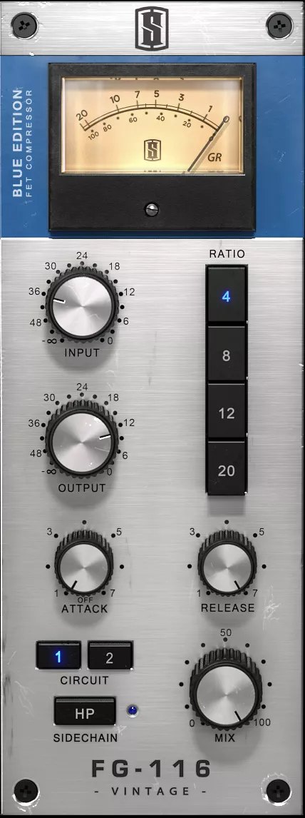 FG-116 VINTAGEの画面の拡大。上にメーター、Input、Output、Ratioの4つのボタン、Attack、Release、Circuit、Sidechain、Mixが並ぶ