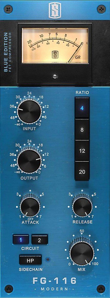 FG-116 MODERNの画面の拡大。青いパネルに、メーター、Input、Output、Ratioの4つのボタン、Attack、Release、Circuit、Sidechain、Mixが並ぶ