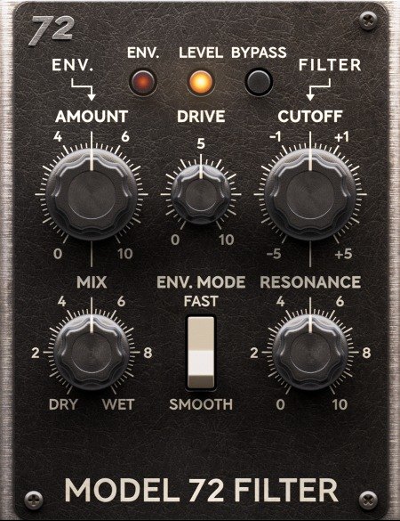 Model 72 Filterの画面。Amount、Drive、Cutoff、Mix、Env. Mode、Resonanceのつまみとスイッチが並ぶ