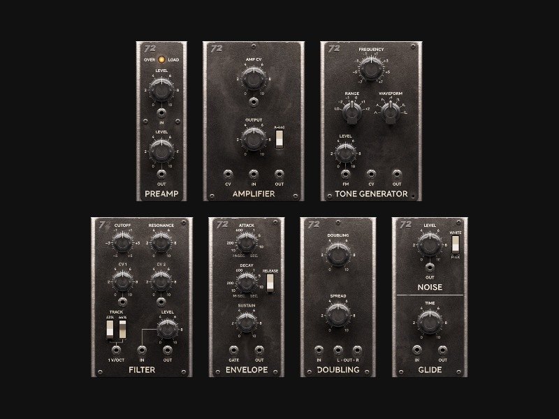 Modular用のモジュール7つの画面（Preamp、Amplifier、Tone Generator、Filter、Envelope、Doubling、Noise/Glide）が並んでいる