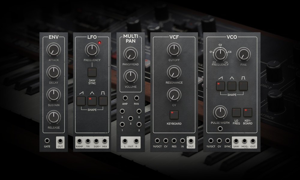 Modular用のモジュール5つの画面(Env、LFO、Multi Pan、VCF、VCO)が並んでいる