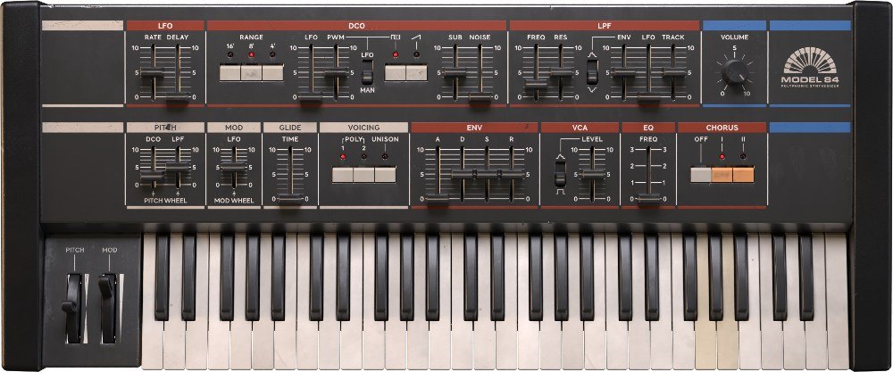 Model 84の画面。上にLFO、DCO、LPF、Volume、下にPitch、Mod、Glide、Voicing、Env、VCA、EQ、Chorusの操作部と鍵盤が並ぶ