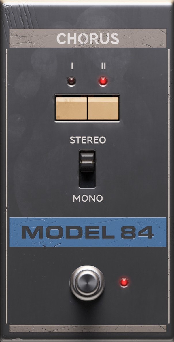 Model 84 Chorusの画面。ChorusのIとIIのボタン、StereoとMonoのスイッチ、フットスイッチが表示されている