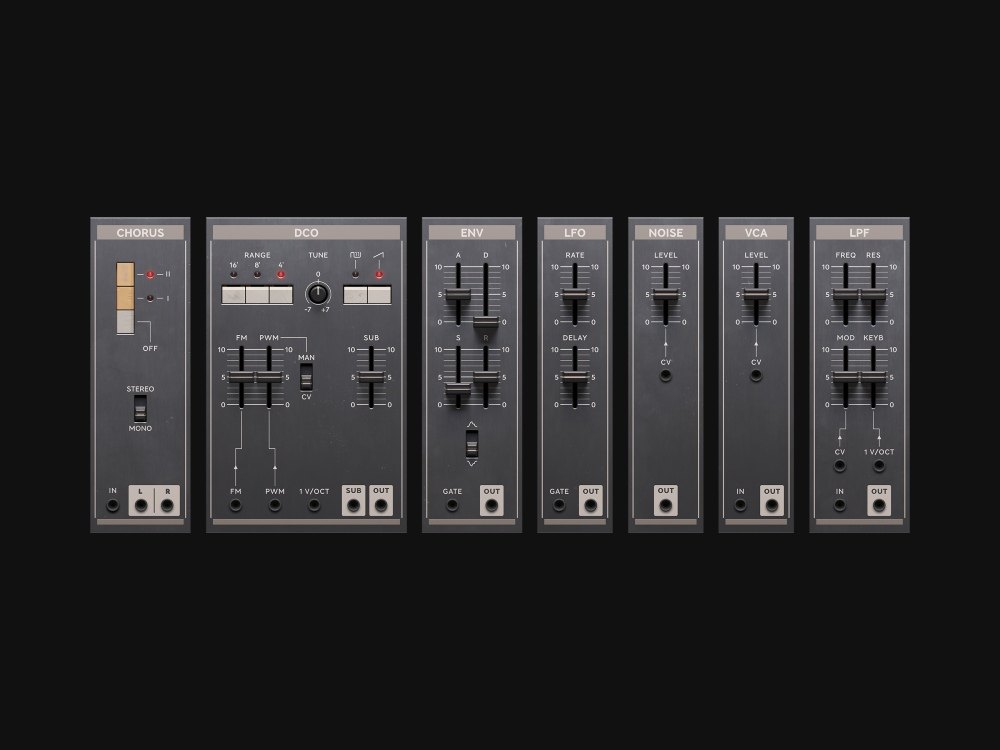 Modular用のモジュール7つの画面(Chorus、DCO、Env、LFO、Noise、VCA、LPF)が並んでいる