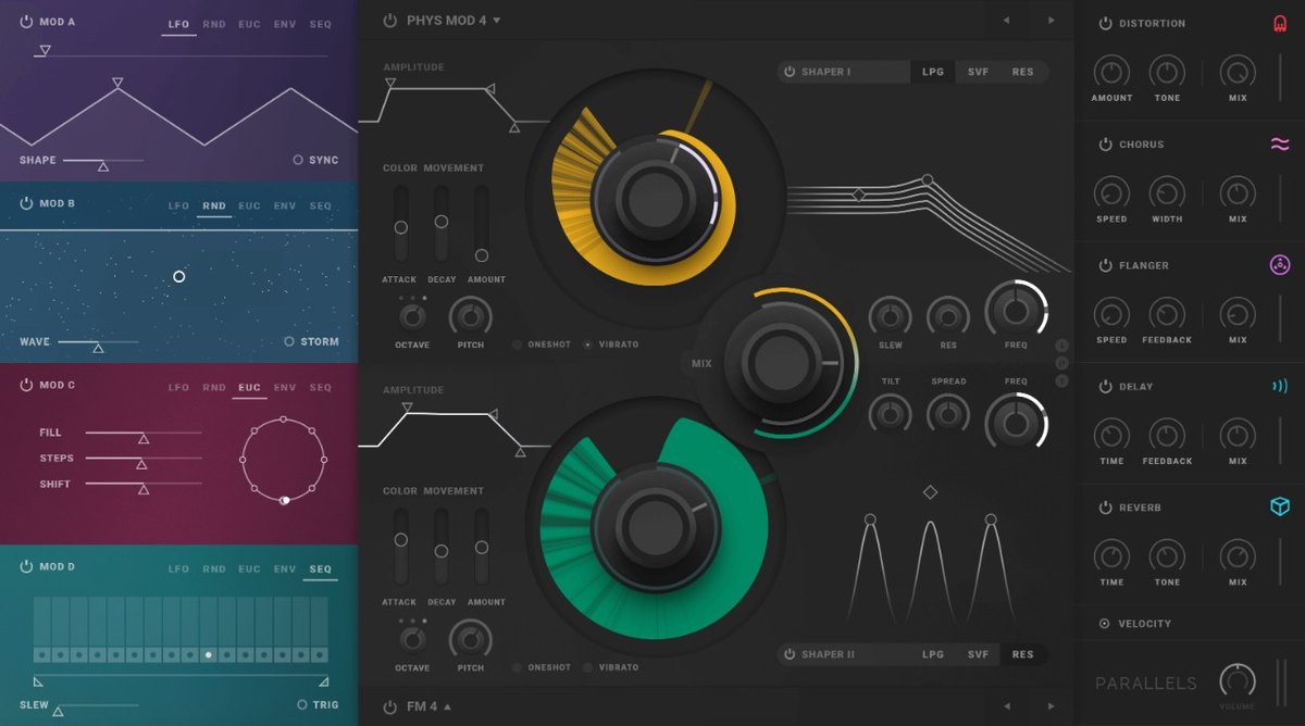 Parallelsの画面。黄色と緑の2つの大きなつまみがあり、波形の名前に「PHYS MOD 4」「FM 4」が表示されている