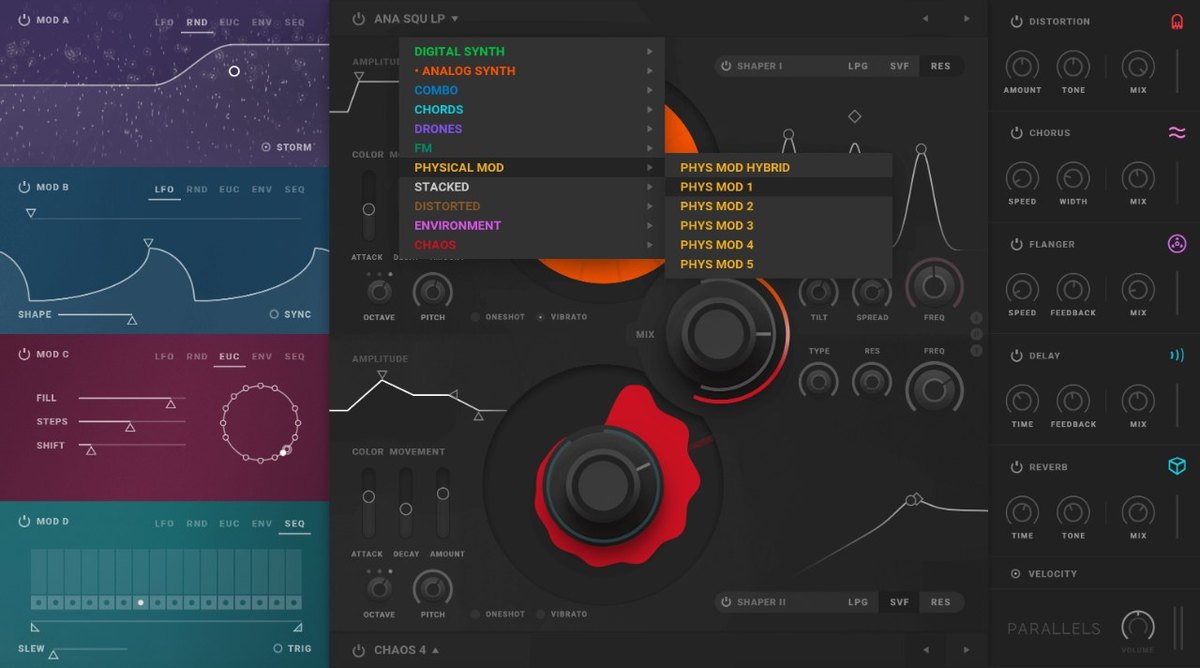 Parallelsの波形を選ぶメニュー。Digital Synth、Analog Synth、Combo、Chords、Drones、FM、Physical Modなどの分類と、Phys Mod 1〜5が表示されている