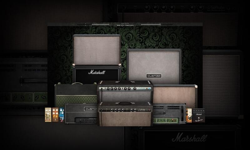 ギターアンプとキャビネットが並ぶ画面。Marshallのアンプや、小さなペダルが見える