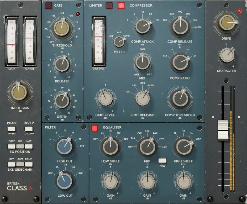 British Class Aの画面。ゲート、リミッター、コンプレッサー、フィルター、イコライザーの設定が並ぶ
