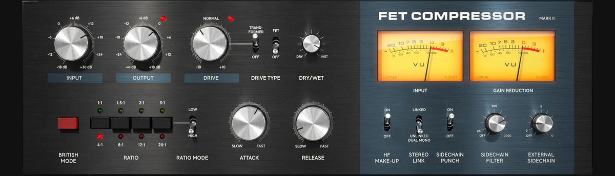 FET Compressorの画面。Input、Output、Drive、Ratio、Attack、Releaseのつまみと、2つのVUメーターが並ぶ