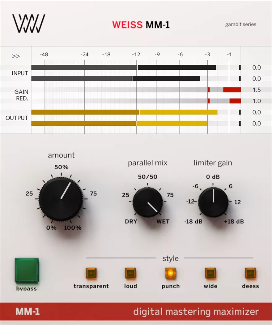 Weiss MM-1の画面。上にINPUT・GAIN RED.・OUTPUTのメーター、下にamount・parallel mix・limiter gainのつまみと、transparent・loud・punch・wide・deessのstyleボタンが並ぶ