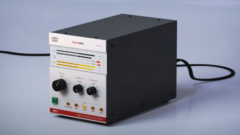黒い箱の前面にMM-1のパネルが付いた、機材風のイメージ(斜めから)。パネルにメーターとつまみ、styleボタンが見える