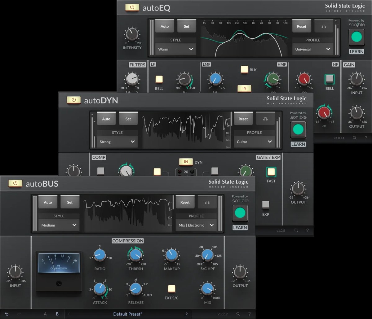 SSL autoSeriesの3つのプラグイン(autoEQ、autoDYN、autoBUS)の画面が、重なって並んでいる