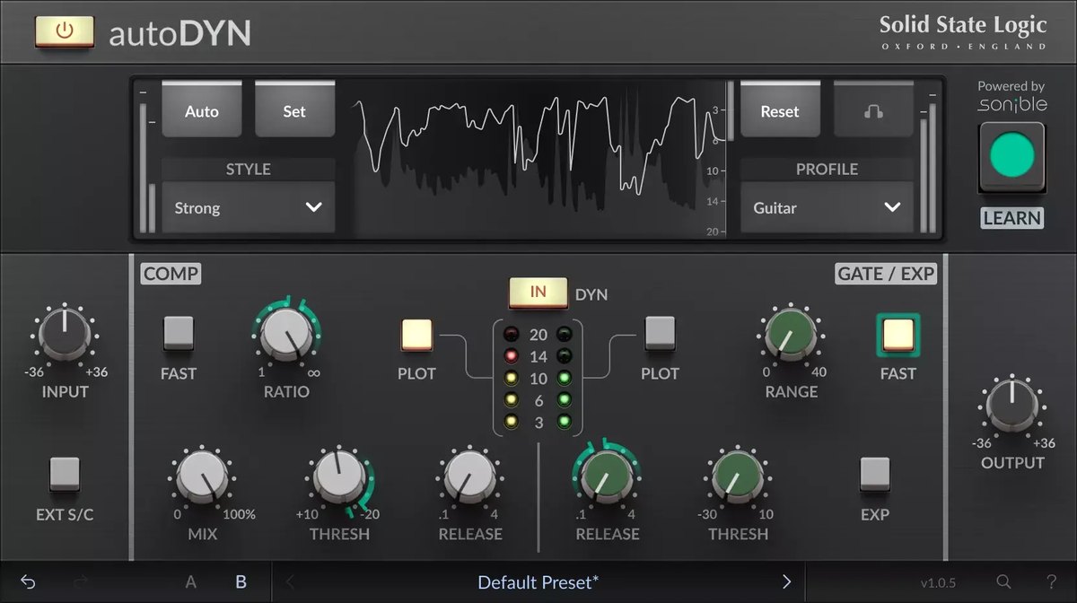 autoDYNの画面。上にStyle「Strong」とProfile「Guitar」、下にCOMPとGATE/EXPの設定が並ぶ