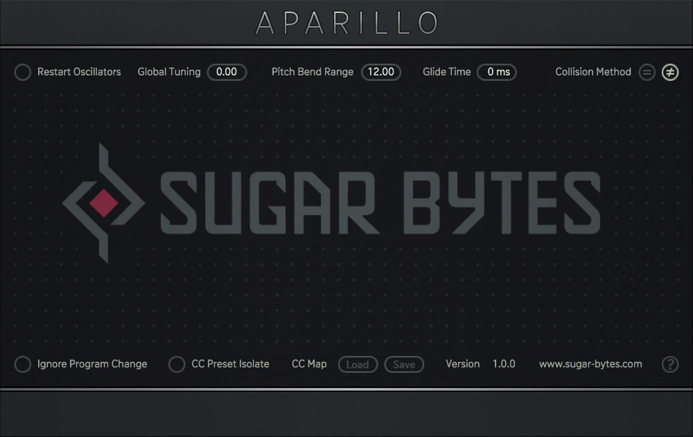 Aparilloの設定の画面。中央にSugar Bytesのロゴがあり、上にGlobal TuningとPitch Bend Range、下にCC Mapが表示されている