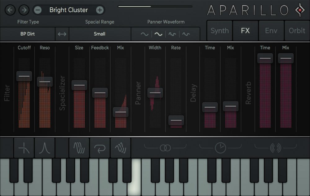 Aparilloの画面(FX)。プリセット名は「Bright Cluster」で、Filter、Specializer、Panner、Delay、Reverbのスライダーが並ぶ
